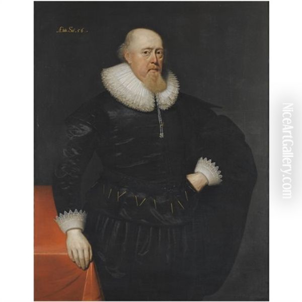 Portrait Of A Gentleman Three-quarter Length, Standing Beside A Table, Wearing A Black Suit With Lace Ruff And Cuffs Oil Painting by Cornelis Jonson Van Ceulen