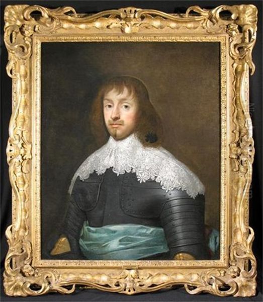 Portrait Of Edward Cornwall Wearing A Suit Of Armour, A Lace Collar And A Green Sash Oil Painting by Cornelis Jonson Van Ceulen