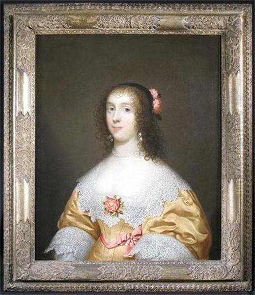 Portrait Of A Lady Wearing A Yellow Dress With Fine Lace Collar And Sleeves And A Rose On Her Bosom by Cornelis Jonson Van Ceulen