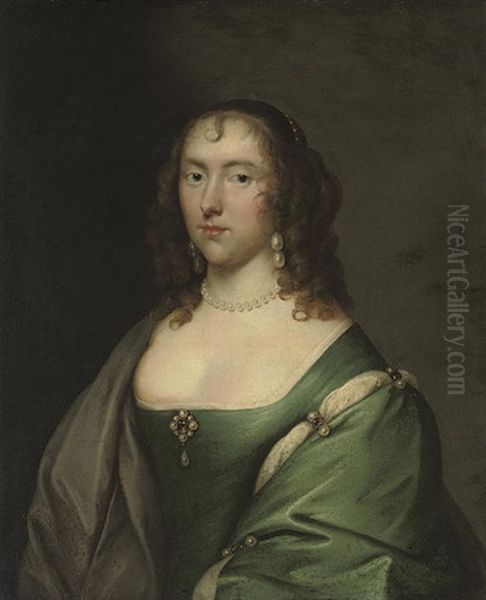 Portrait Of Lady Lucy Pelham In A Blue Dress With Pearl Ornaments And A Grey Wrap Oil Painting by Cornelis Jonson Van Ceulen