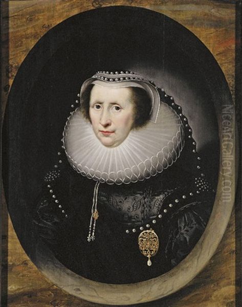 Portrait Of Sarah Harington, Lady Edmondes In A Black Dress And Ruff Oil Painting by Cornelis Jonson Van Ceulen