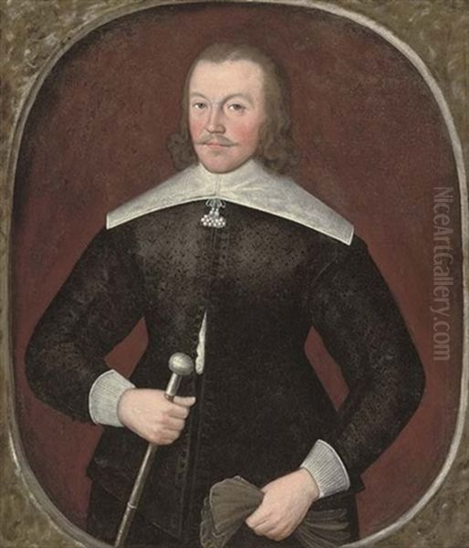 Portrait Of A Gentleman In A Black Jerkin And White Collar And Cuffs, Holding A Pair Of Gloves In His Left Hand Oil Painting by Cornelis Jonson Van Ceulen