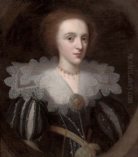 Portrait Of A Lady In A Black And White Slashed Dress With A Lace Collar, And Green And Gold Embroidered Rosette And Sash Oil Painting by Cornelis Jonson Van Ceulen