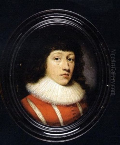 Thomas Wentworth, 1st Earl Of Strafford, Wearing Red Doublet Slashed To Reveal White And Lace Edged Falling Collar Oil Painting by Cornelis Jonson Van Ceulen