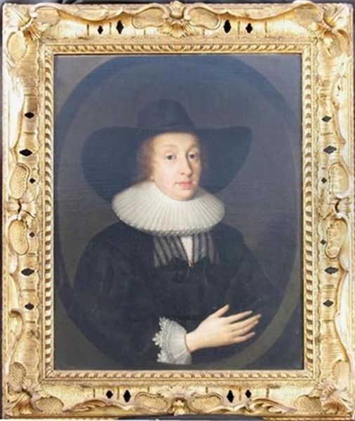 Portrait Of A Lady Wearing A Black Hat, Her Black Dress With Lace Ruff Oil Painting by Cornelis Jonson Van Ceulen