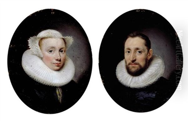 Portrait Of Theoderick Hoste In A Black Doublet With A Lace Ruff (+ Portrait Of His Wife Jane Hoste In A Black Dress With A Lace Ruff And Bonnet, Insc.; Pair) Oil Painting by Cornelis Jonson Van Ceulen