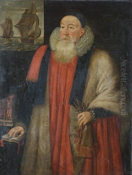 Portrait Of Charles Howard, Second Baron Howard Of Effingham And First Earl Of Nottingham, In Peer's Robes, A View Of Men O'war At Sea Through A Window Beyond Oil Painting by Cornelis Jonson Van Ceulen