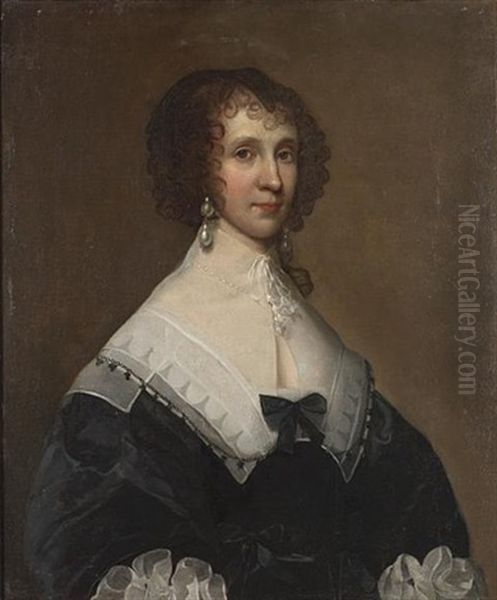 Portrait Of A Lady (miss Sumaretz?), Half-length, With A White Lace Collar And Pearl Earrings by Cornelis Jonson Van Ceulen