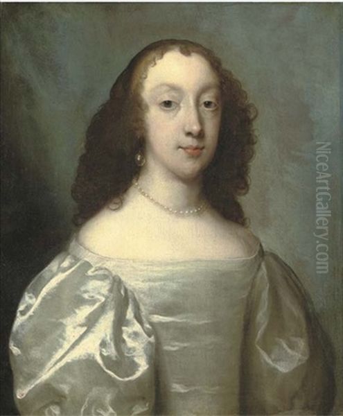 Portrait Of A Lady In An Oyster Satin Dress With Pearl Necklace And Earrings Oil Painting by Cornelis Jonson Van Ceulen