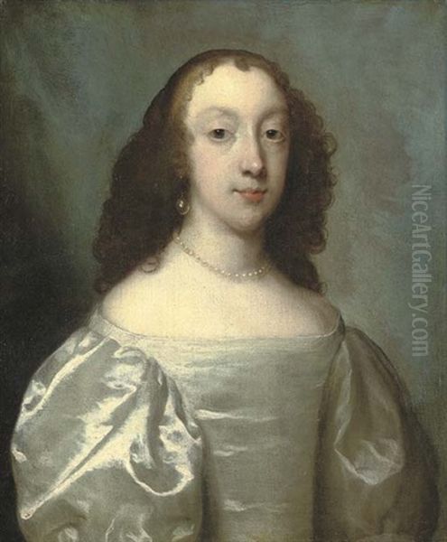 Portrait Of A Lady, Bust-length, In An Oyster Satin Dress With Pearl Necklace And Earrings Oil Painting by Cornelis Jonson Van Ceulen