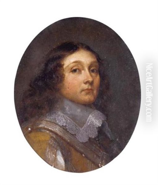 Portrait Of A Gentleman, Head And Shoulders, Long Curling Brown Hair, Wearing A Light Brown Doublet With Deep Lace Falling Collar, Oil Painting by Cornelis Jonson Van Ceulen