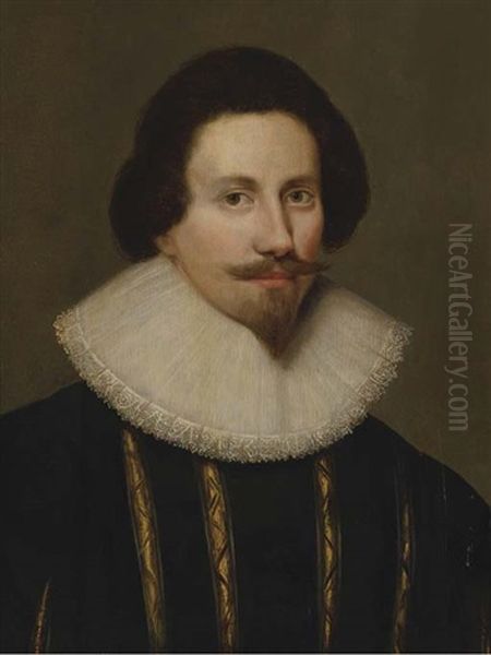 Portrait Of A Gentleman, Quarter-length (the Earl Of Southampton?), In A Black And Gold Coat, With A White Ruff Oil Painting by Cornelis Jonson Van Ceulen