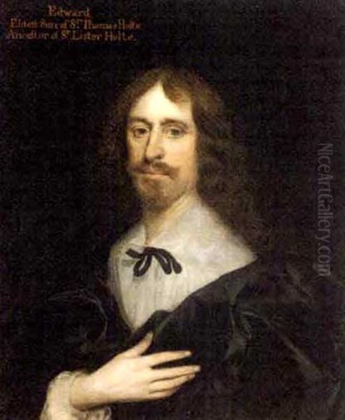 Portrait Of Edward Holte, Esq., Wearing A Black Coat, White Shirt And Black Tie, His Right Hand On His Chest (+ Portrait Of Elizabeth Holte, Wearing A Black Dress, Pearl Necklace And Fur Stole; Pair) Oil Painting by Cornelis Jonson Van Ceulen