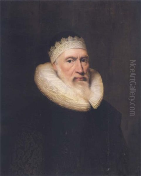 Portrait Of A Gentleman Wearing A Black Doublet With A White Lace Ruff And A White Skull Cap Oil Painting by Cornelis Jonson Van Ceulen