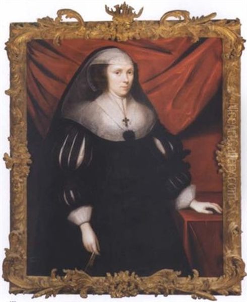 Portrait Of Magdalene Digby Wearing A Black Dress With Black And White Sleeves And Holding A Fan by Cornelis Jonson Van Ceulen