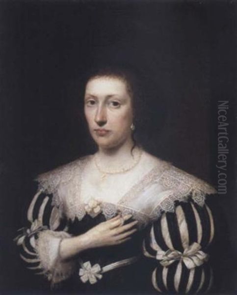 Portrait Of A Lady Wearing A Slashed Black And White Dress With Lace Collar And Cuffs by Cornelis Jonson Van Ceulen