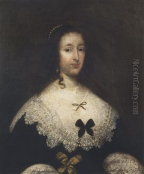 Portrait Of A Lady In A Black Dress With A White Lace Collar And Cuffw, With Yellow And Black Bows Oil Painting by Cornelis Jonson Van Ceulen