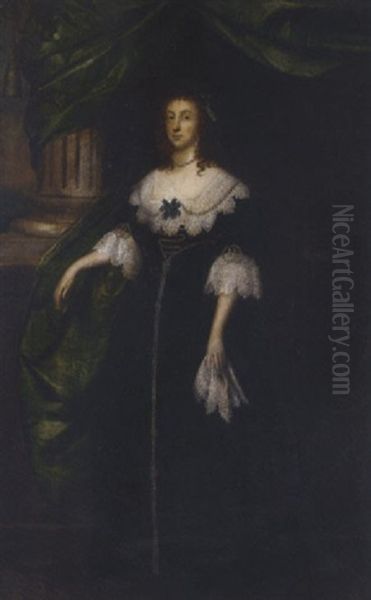 Portrait Of A Lady In A Black Dress With Lace Collar And Cuffs And Pearl Trimmed, By A Green Draped Column Oil Painting by Cornelis Jonson Van Ceulen