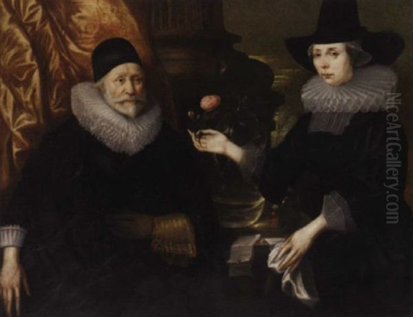 Double Portrait Of A Lady And Gentleman Before A Partly-draped Column And A Ledge, She Offering Him A Rose In Her Right Hand Oil Painting by Cornelis Jonson Van Ceulen