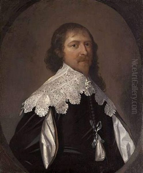 Portrait Of A Gentleman In A Black Slashed Doublet And Falling Lace Collar Oil Painting by Cornelis Jonson Van Ceulen