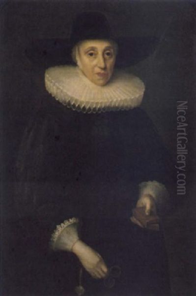 Portrait Of A Lady (miss Eddowes?) In A Black Dress With A Lace Ruff And Cuffs, Holding A Pair Of Glasses And A Book Oil Painting by Cornelis Jonson Van Ceulen