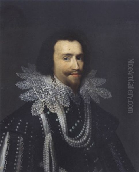 Portrait Of George Villiers, 1st Duke Of Buckingham, Wearing A Black Costume Adorned With Pearls And A White Lace Collar Oil Painting by Cornelis Jonson Van Ceulen