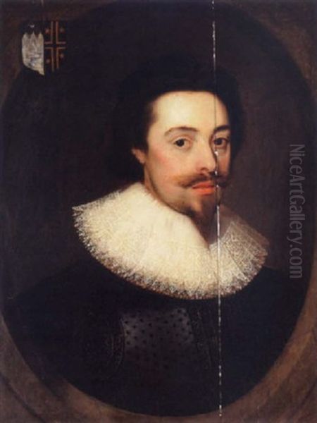 Portrait Of Sir Thomas Reynell Wearing A Black Tunic And White Lace Ruff Oil Painting by Cornelis Jonson Van Ceulen