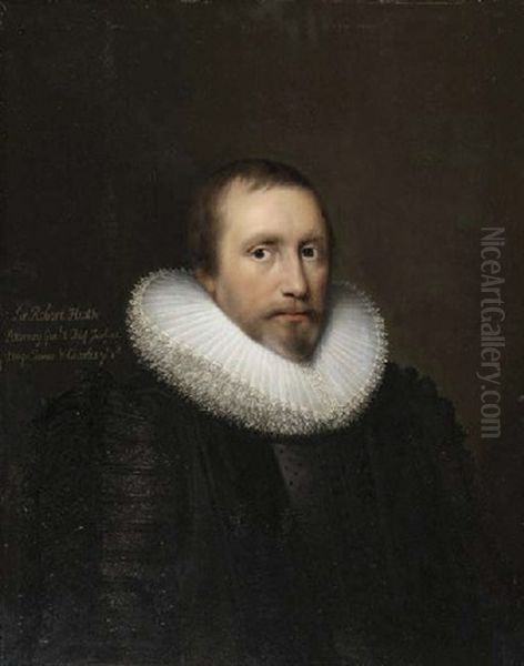 Portrait Of Sir Robert Heath In A Black Doublet With A White Ruff Oil Painting by Cornelis Jonson Van Ceulen