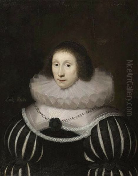 Portrait Of Margaret, Lady Heath, Wife Of Sir Robert Heath, In A Black Dress With Slashed Sleeves And A White Ruff, With A Rope Of Pearls Oil Painting by Cornelis Jonson Van Ceulen