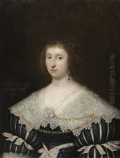 Portrait Of Mary, Lady Morley, In A Black Dress With Slashed Sleeves And A Lace Collar Oil Painting by Cornelis Jonson Van Ceulen