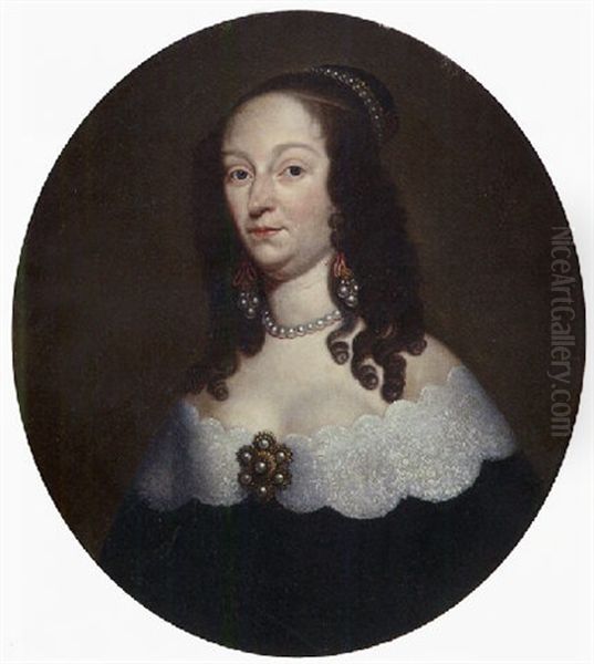 Portrait Of A Lady (catharina Amino?) Wearing A Black Dress With Lace Collar, Pearl Earrings, Necklace, Headdress And Broach Oil Painting by Cornelis Jonson Van Ceulen