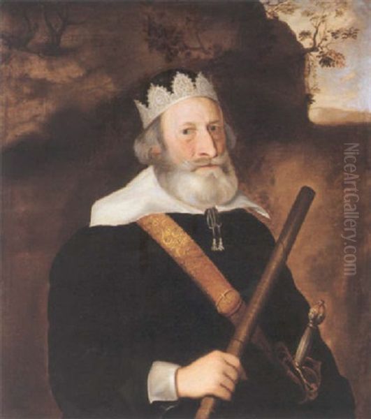 Portrait Of Sir William Monson Wearing A Black Tunic With White Collar, Holding A Baton In His Right Hand And A Sword By His Side by Cornelis Jonson Van Ceulen