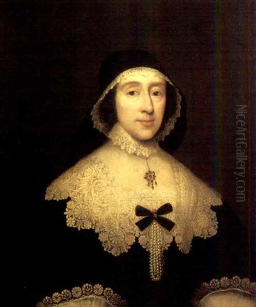 Portrait Of A Lady Wearing A Black Dress, Lace Collar And Cuffs With Pearls Attached To A Black Bow Oil Painting by Cornelis Jonson Van Ceulen