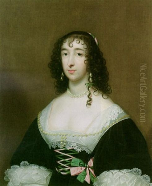 Portrait Of A Lady (lettice, Lady Falkland?) Wearing A Black Dress With A White Lace Collar And Cuffs Oil Painting by Cornelis Jonson Van Ceulen