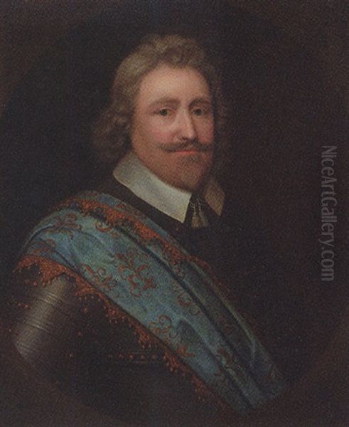 Portrait Of A Gentleman In Armour And A Blue Sash Oil Painting by Cornelis Jonson Van Ceulen