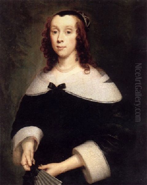 Portrait Of A Lady In Black Dress With A Lace Collar And Cuffs, Holding A Fan Oil Painting by Cornelis Jonson Van Ceulen