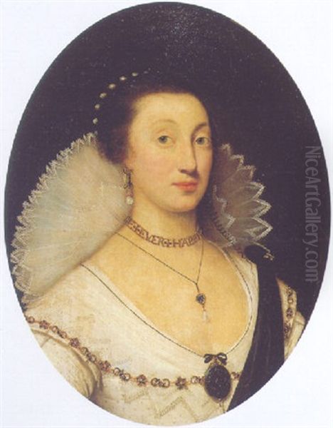 Portrait Of A Lady (lady Everett?) Wearing A White Dress, A White Lace Collar And Jet Jewellery Oil Painting by Cornelis Jonson Van Ceulen