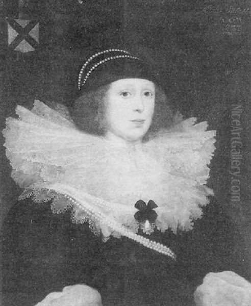 Portrait Of Lady Margaret Dering Wearing Black Dress And Cap With White Ruff And Pearls Oil Painting by Cornelis Jonson Van Ceulen