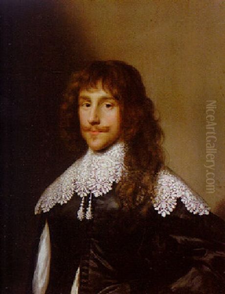 Portrait Of A Gentleman Wearing A Lace Collar And Black Slashed Jacket Oil Painting by Cornelis Jonson Van Ceulen