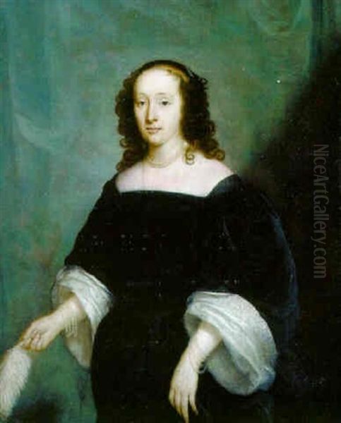 Portrait Of A Lady, In A Black Dress And Pearl Necklace Oil Painting by Cornelis Jonson Van Ceulen