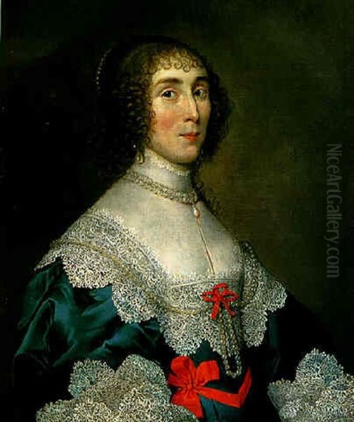 Portrait Of A Lady Wearing A Blue Dress With Red Ribbons And White Lace Collar And Cuffs Oil Painting by Cornelis Jonson Van Ceulen