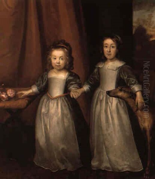 Double Portrait Of Two Young Girls Holding Hands In An Interior Oil Painting by Cornelis Jonson Van Ceulen