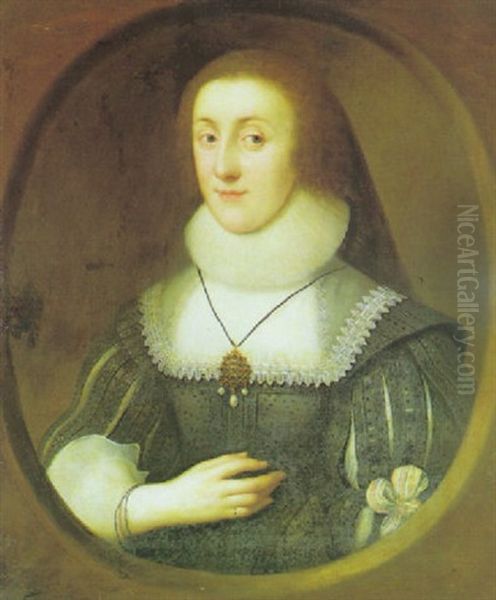 Portrait Of A Lady, Half Length, In A Slasched              Black Dress With A Lace Collor And Ruff Oil Painting by Cornelis Jonson Van Ceulen