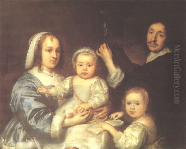 Portrait Of A Gentleman With His Wife And Children Oil Painting by Cornelis Jonson Van Ceulen