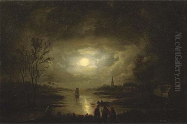 Fishing By Moonlight Oil Painting by Jan Lodewijk Jonxis