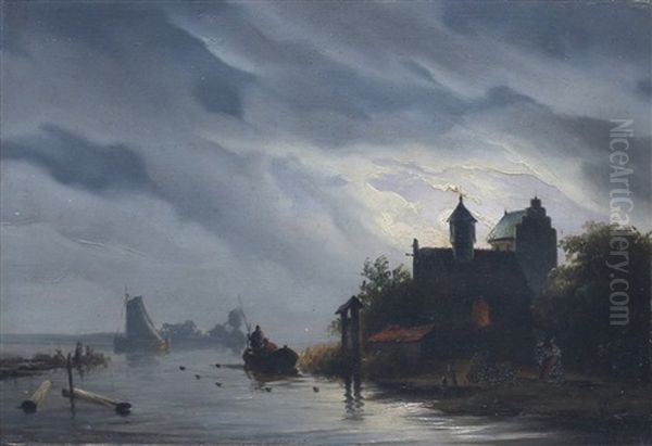 Een Kasteel Aan Een Rivier Bij Maanlicht Oil Painting by Pieter Hendrik Lodewijk Jonxis