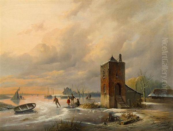 Winterlandschaft Mit Eislaufern Oil Painting by Pieter Hendrik Lodewijk Jonxis