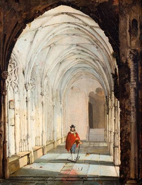 Kerkmeester In Een Abdijgalerij Oil Painting by Pieter Hendrik Lodewijk Jonxis