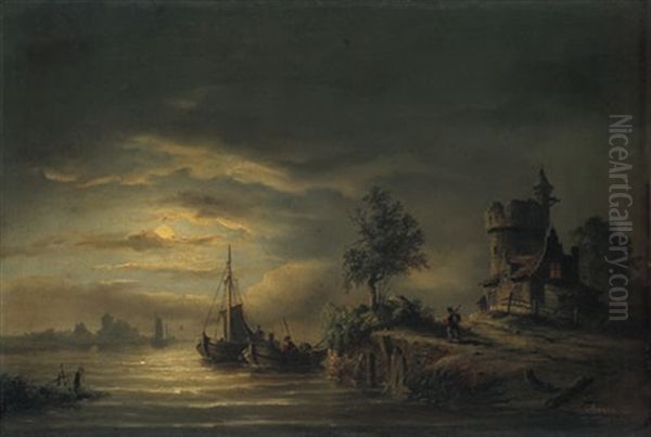 Nachtliche Fluslandschaft Oil Painting by Pieter Hendrik Lodewijk Jonxis