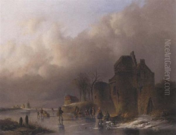 Numerous Figures On The Ice With A Koek En Zopie By A Ruined Mansion Oil Painting by Pieter Hendrik Lodewijk Jonxis